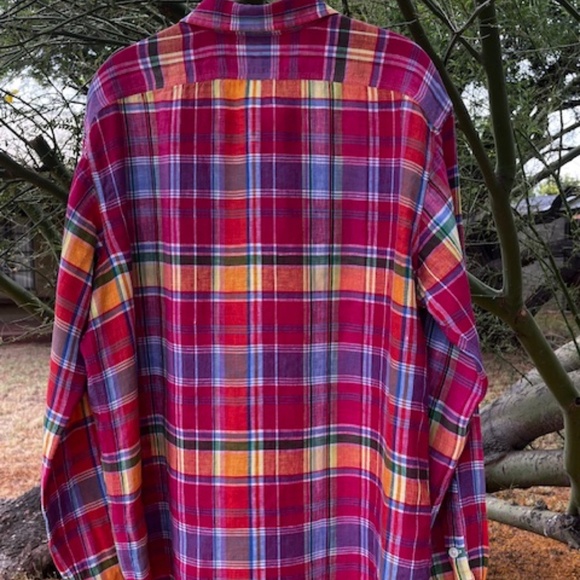 Men's POLO - Ralph Lauren - Bright Multi Colored Plaid Linen L. S. Shirt - L - Picture 2 of 12